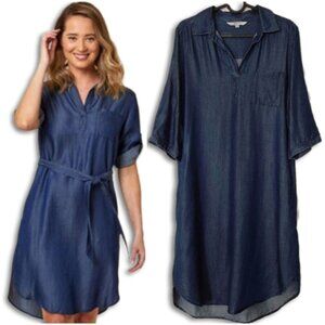 CLEO Utility Sleeve Mini Shirt Dress | Tunic w Pockets Chambray Blue Sz S